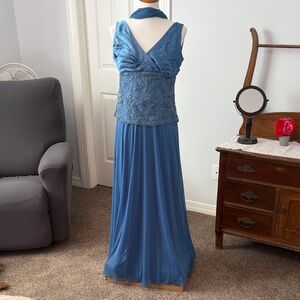 Patra Dusty Blue Beaded V-Neck Maxi Dress